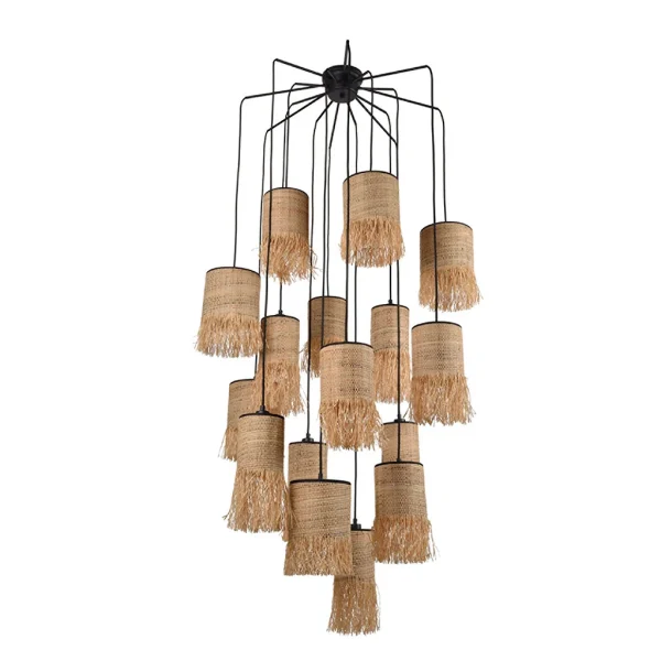 Market Set Suspension 16 Lumières En Bana Et Raphia H204cm Frange – Formentera 1