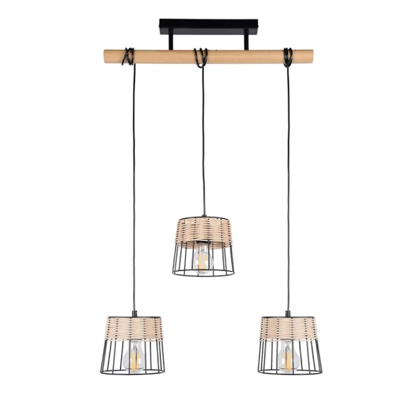 Corep Suspension 3 Lumières En Métal Et Rotin L55cm Noir Mat – Indah 1