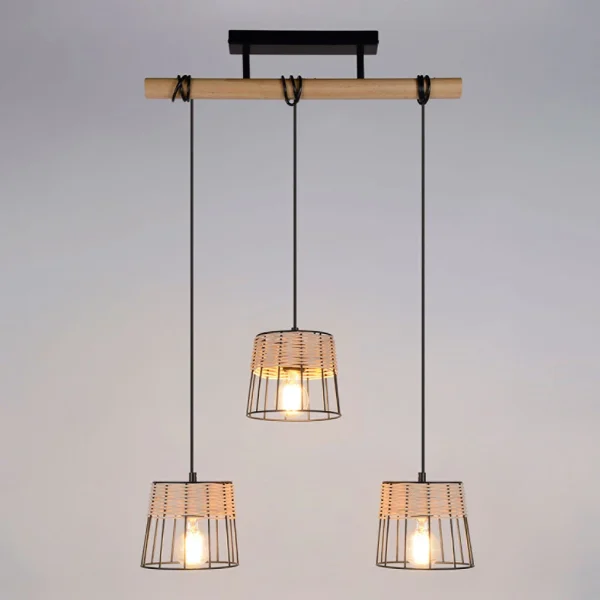 Corep Suspension 3 Lumières En Métal Et Rotin L55cm Noir Mat – Indah 3